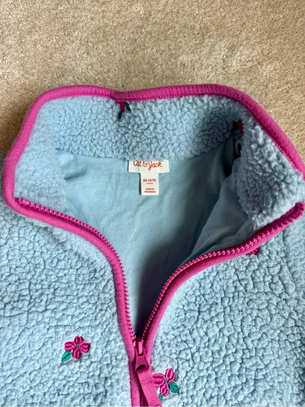 Cat & Jack Light Blue Sherpa Jacket with Pink Trim and Floral Embroidery